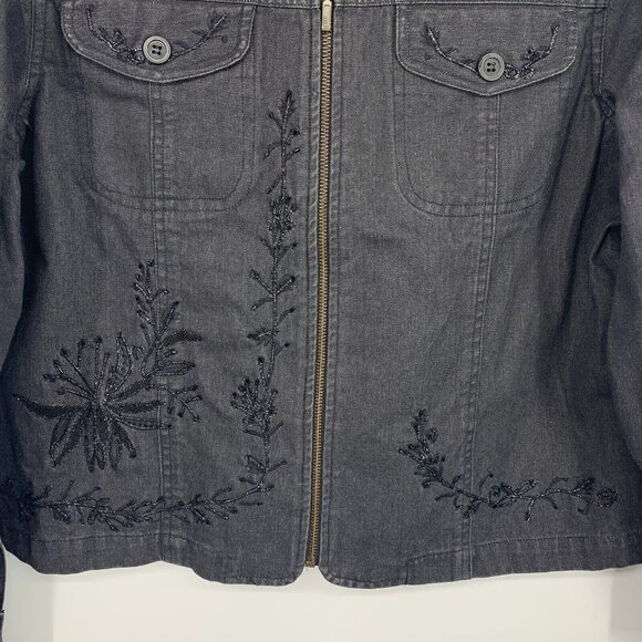 Coldwater Creek Jacket Gray Denim Embroidered Floral Zip Front - Picture 4 of 8
